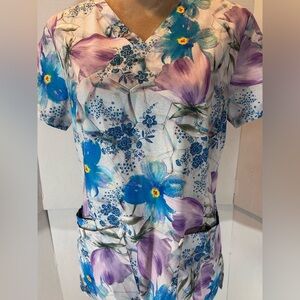 Floral V-Neck Women's Scrub Top in Blue & Purple